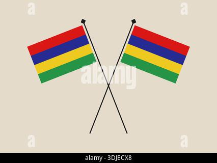 Two Crossed Mauritian Flags on Poles in a Vector Illustration, Symbolizing National Pride and International Friendship.. Stock Vector