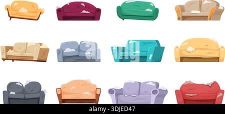 Broken couches. Isolated bright sofa, soft couch for apartment or home. Messy interior elements, broked and torn sofas. Sapid vector clipart Stock Vector
