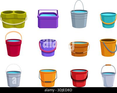 Buckets set. Isolated bucket for water, plastic metal wooden containers. Trash bin, household and cleaning cartoon equipment, sapid vector clipart Stock Vector