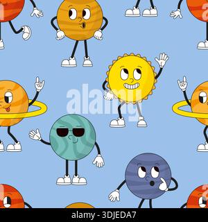 Different planets characters. Solar system, sun, saturn, mars planet groovy cartoon style. Decorative print for textile, fabric, wallpaper, vector Stock Vector