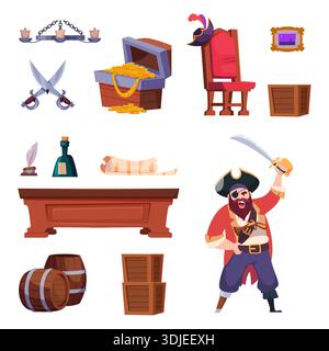 Pirates set. Table, chair, weapons, and strong drinks gold. The trappings of pirate life Stock Vector