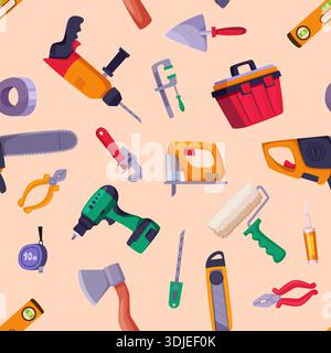 Repair tools. seamless pattern with professional items for repair hammer saw paint buckets brushes. vector cartoon illustration Stock Vector