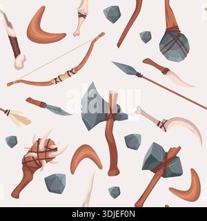 Stone Age tools. seamless pattern with axe spear and hammer from stones Stock Vector