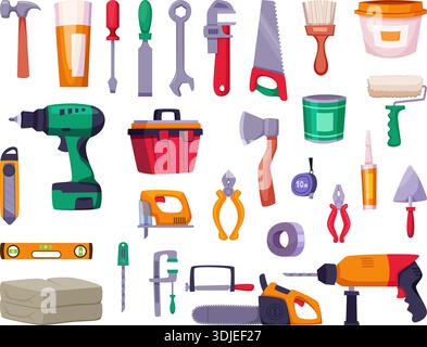 Construction workshop. Sellers and clients in repair service buying repair tools exact vector cartoon set Stock Vector