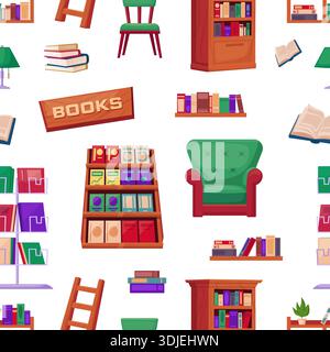 Library seamless pattern. Wooden shelf with books, book piles and open notebook. Cozy chair, lamp, ladder. Decorative printable template, vector Stock Vector
