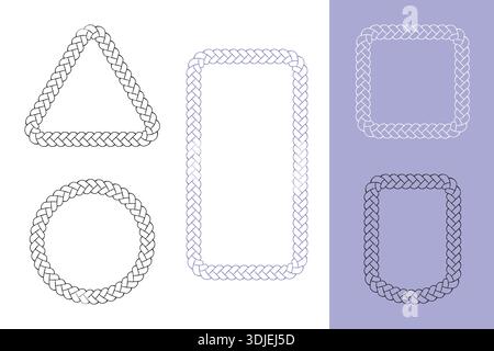 Braid frame outline set, rectangle circle square geometric shape border, irregular hand drawn ink blob brush line ornament, sketch doodle style Stock Vector