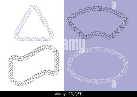 Braid frame outline set, arch circle flag geometric shape border, irregular hand drawn ink blob brush line ornament, sketch doodle style contour Stock Vector