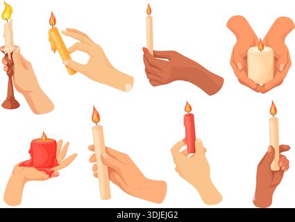 Hand hold candle. International hands holding burning wax candles with flame fire light, church religious or christmas holiday celebration set cozy home, neat vector illustration original artwork Stock Vector