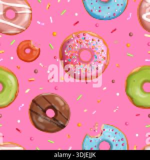 Donut seamless pattern. Realistic donuts colorful sprinkle, doughnut cake pastry dessert candy sugar confetti allover pink background sweet texture cafe print vector illustration original artwork Stock Vector