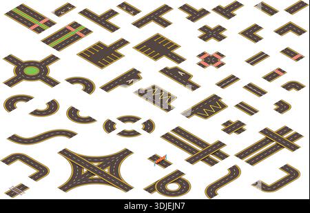 Isometric road set. City highway map creation kit, car traffic street path roadmap construction elements circle way race track crossroad asphalt icons, kicky vector illustration original artwork Stock Vector