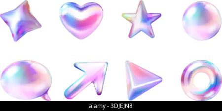 Holographic inflated figures. 3d hologram balloon shape, realistic y2k abstract icons iridescent effect speech bubble arrow star heart futuristic holo, exact vector illustration original artwork Stock Vector