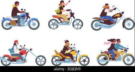 Cartoon bikers. Biker with girl ride on classic motorcycle, motorcyclist club gang on road rockers bikers in leather clothes helmets motorbike rider moto classy vector illustration original artwork Stock Vector