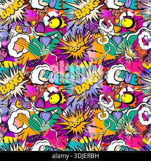 Seamless heart pattern with colored hand drawn art abstract graffiti brush drawing background elements Stock Vector