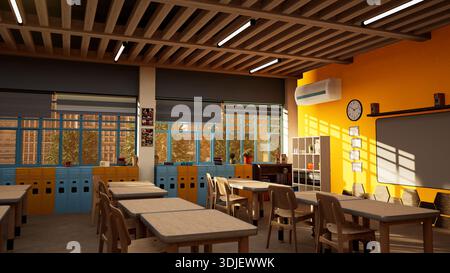 University campus building with classroom prepared for pupils academic lessons. Golden hour light lightning empty elementary school classroom with wooden desks prepared for students to sit and learn Stock Photo