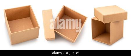 Three open empty cardboard boxes from different angles of view isolated on white background. File contains clipping paths. Stock Photo