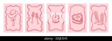 Hand drawn whimsical vertical greeting card templates with playful doodle elements. Elegant frames with bows and ribbons, western cowboy mood coquette charm, trendy celebratory sketch style Stock Vector