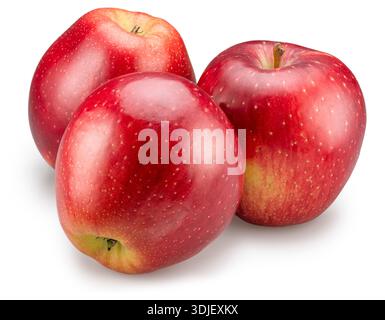 Three ripe red apples on white background. File contains clipping path. Top view. Stock Photo