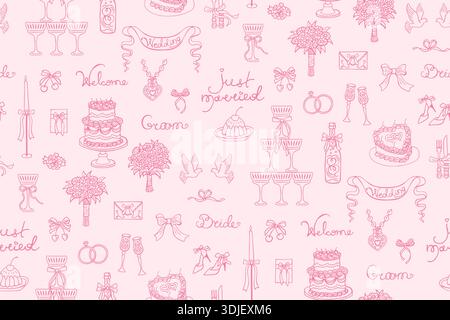 Whimsical wedding seamless pattern in hand drawn doodle ink sketch style. Coquette vintage mood with romantic elements, cakes, champagne, candles, bows and love symbols. Elegant casual line art charm Stock Vector