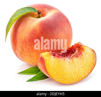 Ripe red peach with juicy peach slice and green leaf isolated on white background. Stock Photo