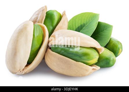 Green pistachio nuts with pistachio shell isolated on a white background. Clipping path Stock Photo