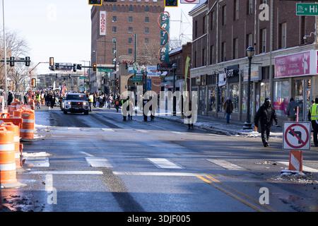 Crowds of marchers proceed along Colfax Avenue toward the Colorado State Capitol during the Martin Luther King Jr. Day Marade in Denver, Colorado, on Stock Photo