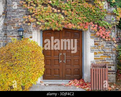 Double door of old stone building with colorful ivy in fall Stock Photo