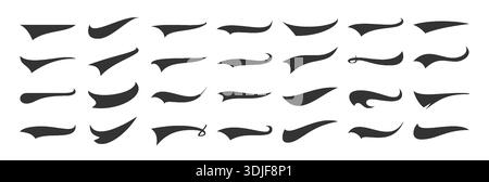 Swoosh Brush Strokes Collection with Dynamic Curves and Tapered Ends. Abstract Calligraphic Design Elements for Logos, Typography, Branding. Fluid Brush Style Flourish Shapes Set. Vector Illustration Stock Vector