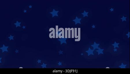 Displaying scattered five-pointed blue star pattern decorating navy blue wallpaper, with soft tones Stock Photo
