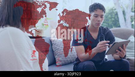 Consulting doctor in dark scrubs with stethoscope using tablet, stylus on sofa at home, map overlay Stock Photo