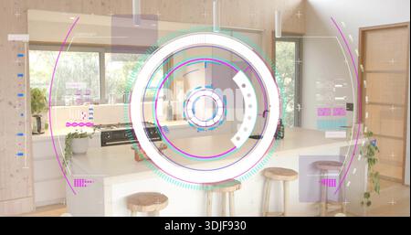 Displaying AR circular interface covering center of modern kitchen, showing island, stools, plants Stock Photo