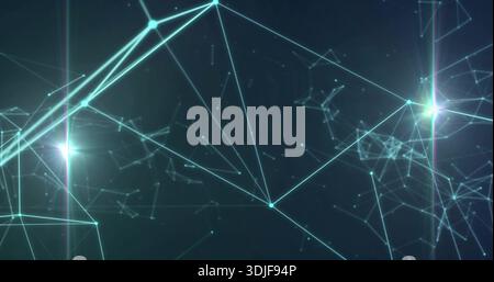 Displaying network of glowing cyan nodes forming 3D mesh in virtual space, with lens-flare streaks Stock Photo