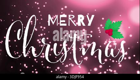 Featuring white script Christmas wordmark centered on magenta gradient, with holly, bokeh and MERRY Stock Photo