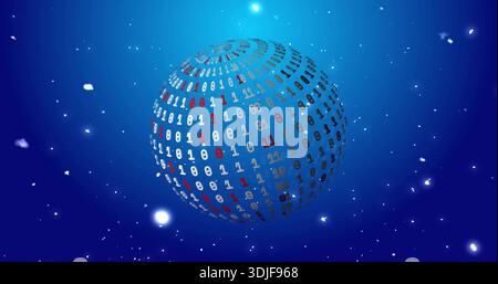 Rotating blue binary sphere glowing in virtual 3D space, composed of 0s and 1s, halo glow Stock Photo