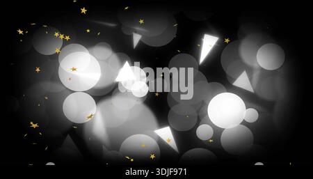 Glowing abstract cluster forming on dark backdrop, with bokeh circles, light shards, gold stars Stock Photo