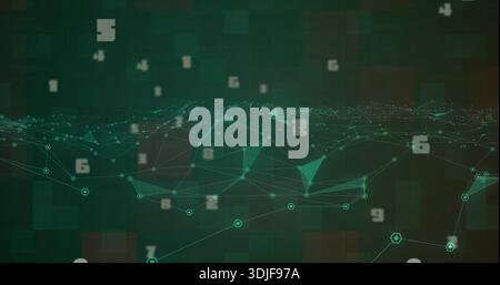 Displaying teal network mesh in virtual data field, showing connected nodes, floating numerals Stock Photo