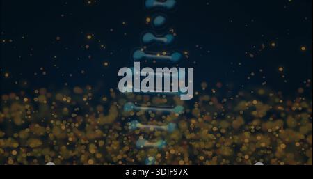 Glowing vertical capsule helix pulsing in digital studio, with pixel texture and golden bokeh Stock Photo