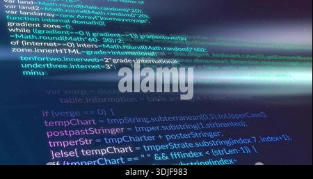 Displaying dev workstation screen showing syntax-colored JS code at desk, with bright light streak Stock Photo