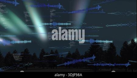 Shimmering aurora-like curtains streaming across night sky over pine treeline, with blue waveforms Stock Photo