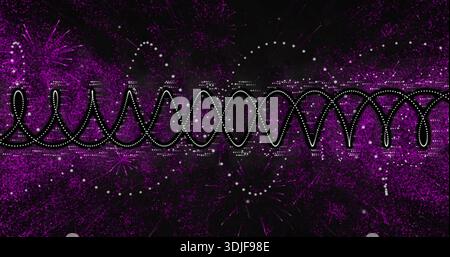 Looping central waveform forming teardrop loops in digital field with white dots, magenta noise Stock Photo