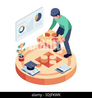 Isometric Man Solving Financial Literacy Puzzle. Financial Literacy Concept Stock Vector