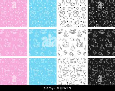 set of baby seamless patterns , repeatable seamless designs in pink, blue, white and black colors Stock Vector