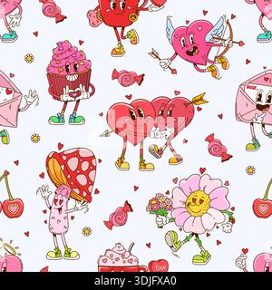 Valentine groovy heart characters seamless pattern Stock Vector