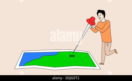 Man is holding a red pin and pointing at a map. Stock Vector
