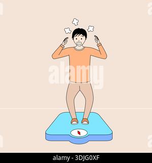 Man is standing on a scale and is panic because his weight went up. Stock Vector