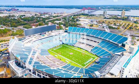 Jacksonville, Florida, USA – December 27, 2025: Drone view of EverBank Stadium field and seating structure in downtown Jacksonville. Stock Photo