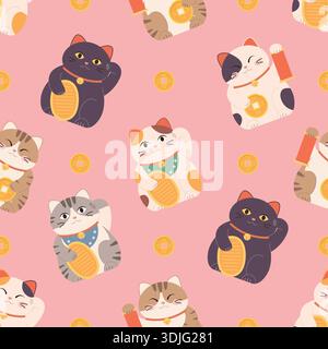Seamless pattern of Japanese lucky Maneki neko cats. good luck and fortune Asian symbols. Vector illustration Stock Vector