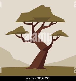 Stylized illustration of a flat topped savanna tree against a simple horizon background Stock Vector