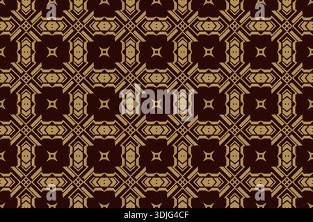 A classic and opulent seamless vector pattern featuring intricate golden geometric ornaments on a rich dark brown background. Stock Vector