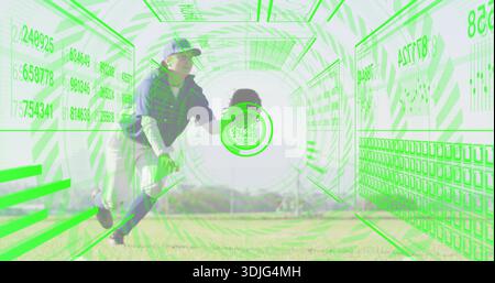 Diving baseball player catching ball with glove on field, in uniform showing AR overlay Stock Photo