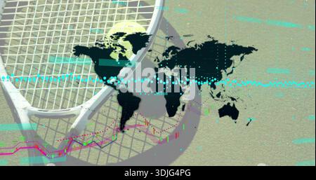 Displaying tennis racket head and tennis ball on hardcourt, showing world map and charts Stock Photo